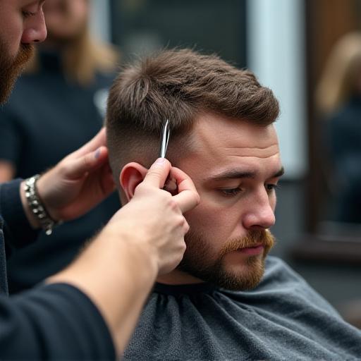 A barber meticulously performing a haircut.